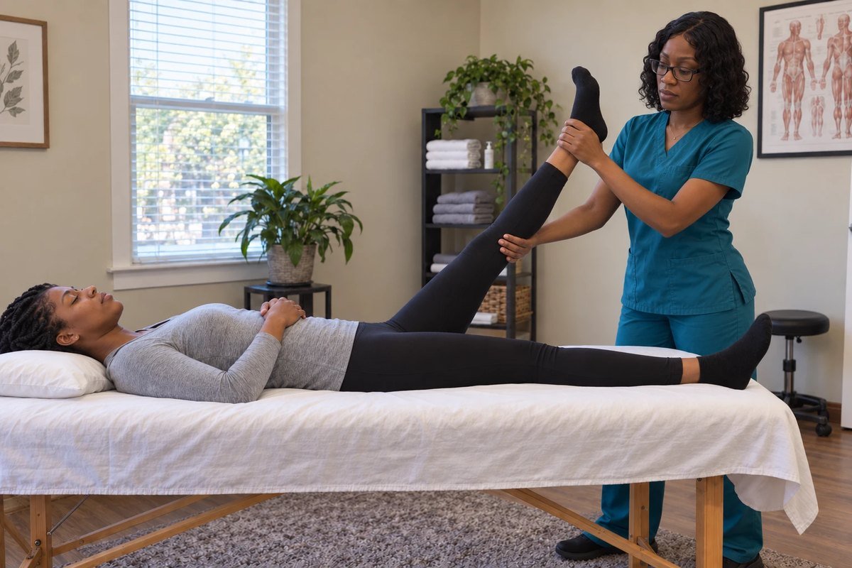 Kellee Green guiding a client's leg through a gentle hamstring stretch on the massage table