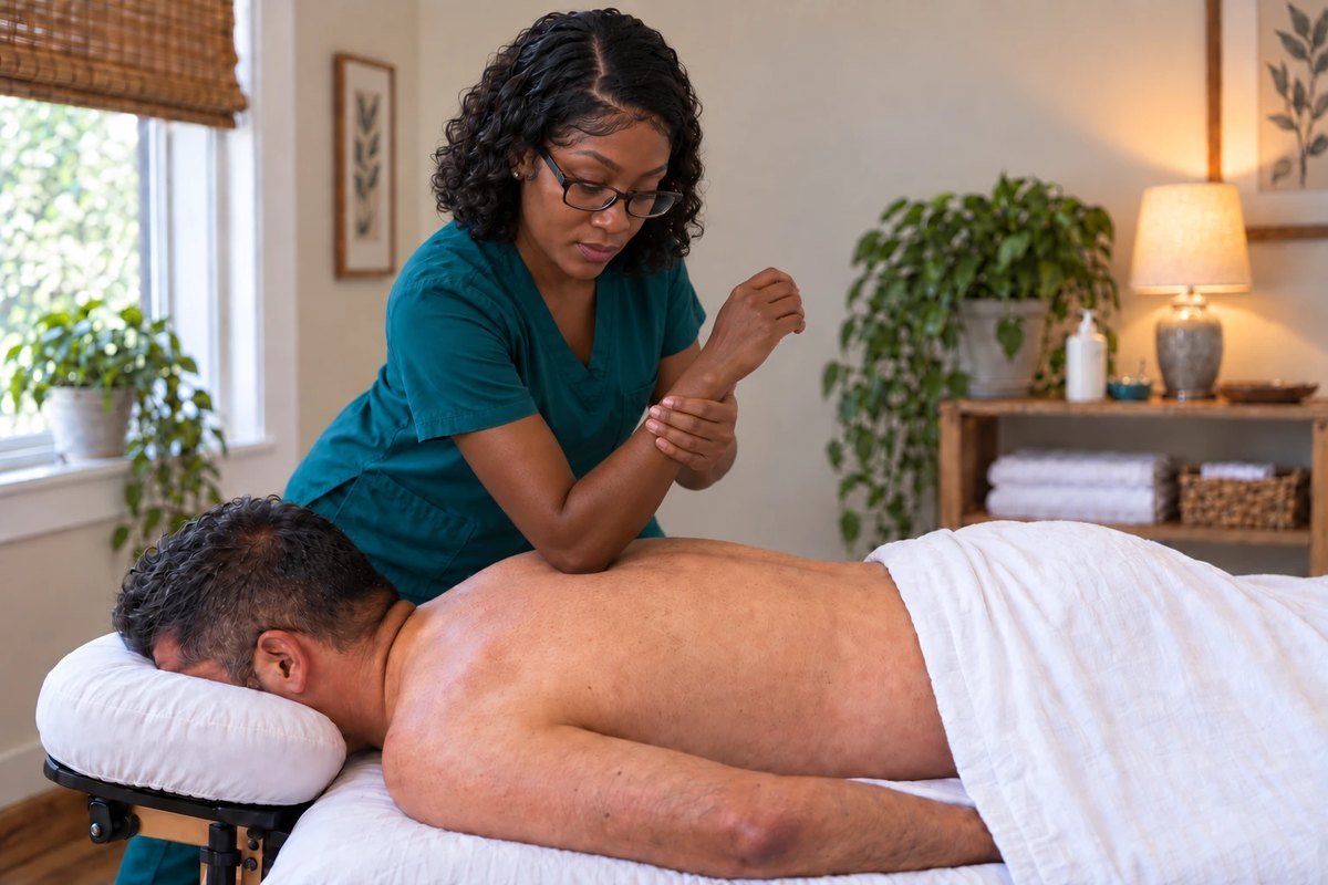 Kellee Green using her forearm along a client's back during a deep tissue massage at home