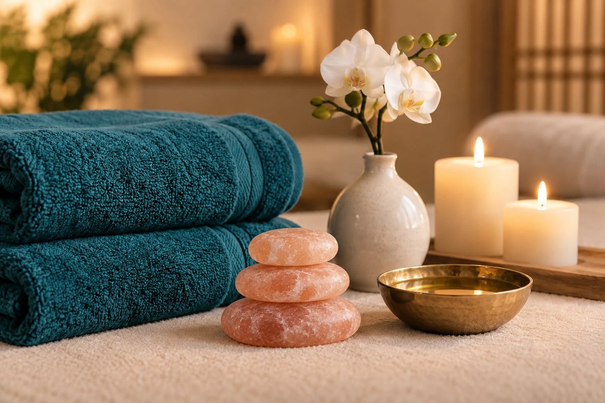 Warm salt stones stacked beside folded teal towels, an orchid and candles