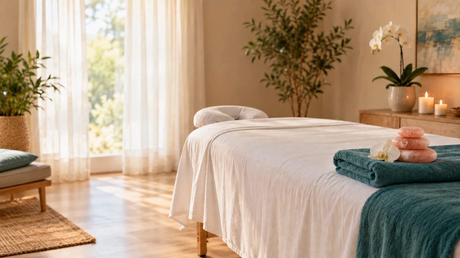 A massage table dressed in white linens with a teal towel, warm salt stones and an orchid in a sunlit room